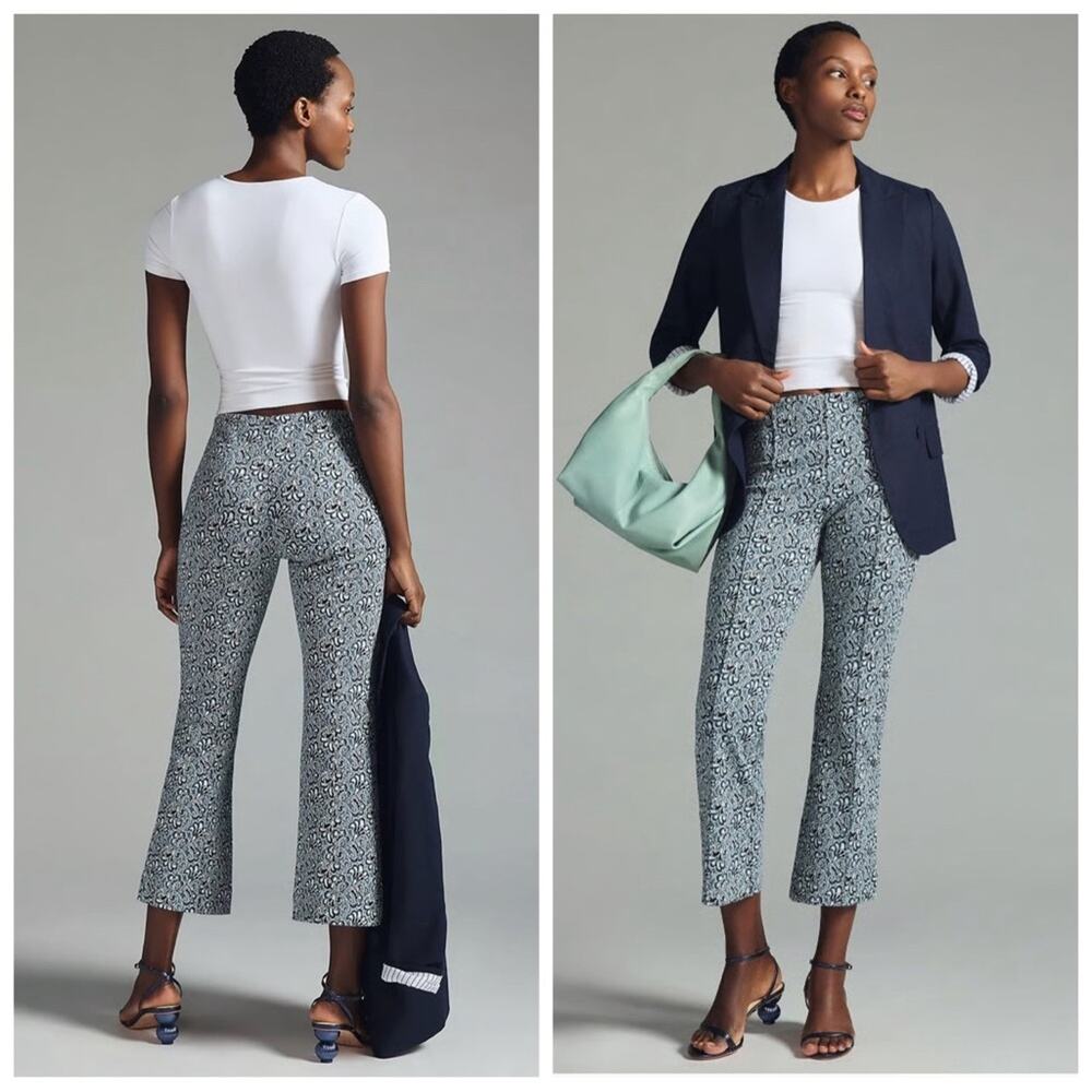 Anthropologie Maeve Margot Kick Flare Cropped Pull On Knit Pants Blue Boho Print